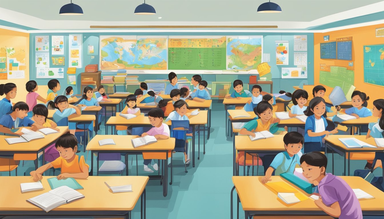 The bustling tuition center, filled with eager students and dedicated teachers, exudes an atmosphere of learning and growth. The walls are adorned with educational posters and colorful charts, creating a vibrant and stimulating environment