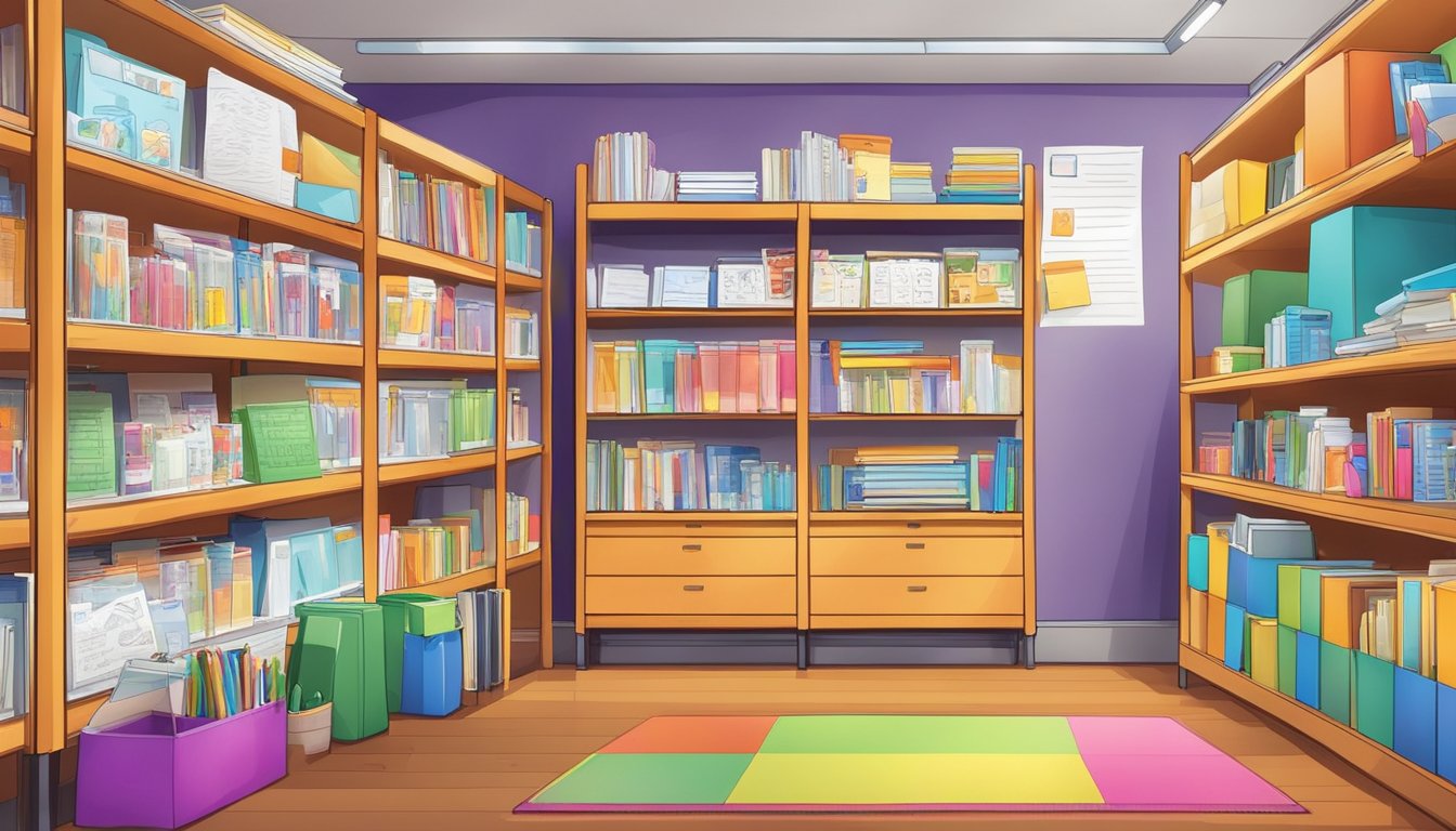 A colorful array of educational materials and resources displayed on shelves, with a whiteboard filled with lesson plans and schedules in the background