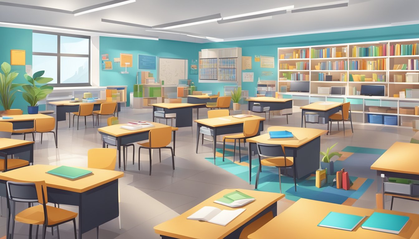 A bustling tuition center with modern facilities and strategic locations. Brightly lit classrooms and study areas, surrounded by educational resources and technology