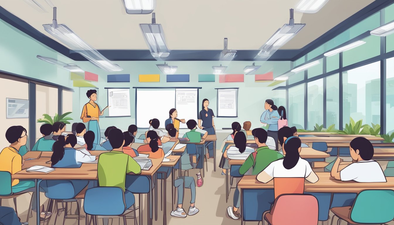 A busy tuition center with students asking questions, a sign displaying "Frequently Asked Questions lynn tuition centre review."