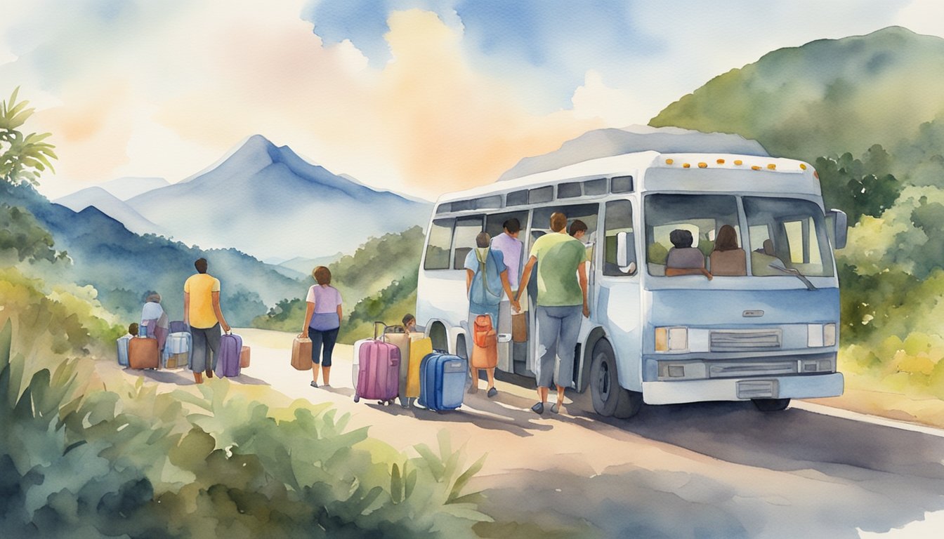 A family loads luggage into a shuttle bus, with a mountainous landscape in the background, as they prepare to travel from the airport to their accommodation in Costa Rica