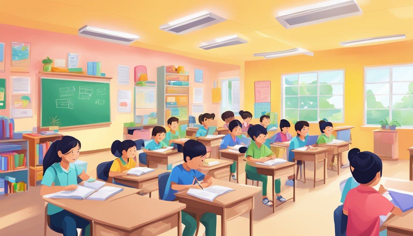 A bustling tuition centre in Yew Tee, with students studying and teachers instructing in a bright and colorful classroom setting