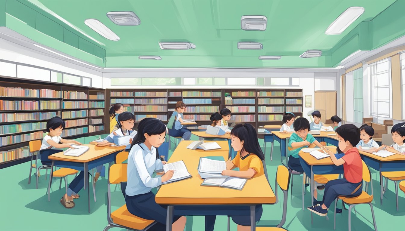 Students and tutors fill the bright, spacious rooms of Yew Tee tuition centre, surrounded by books and educational materials. The atmosphere is bustling with focused activity and lively discussions
