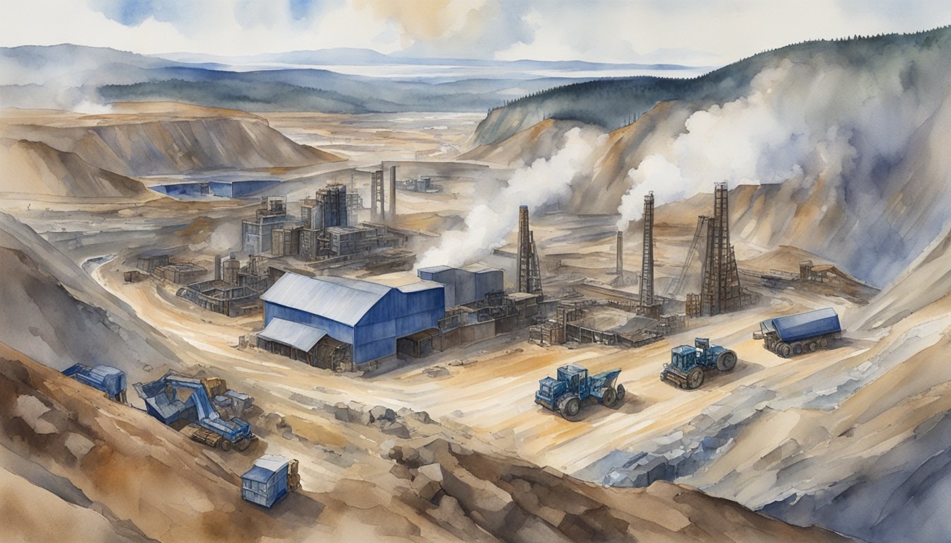 The vast cobalt mine looms over the desolate landscape, with heavy machinery and infrastructure dominating the scene.</p><p>Toxic runoff stains the earth, while workers toil under harsh conditions