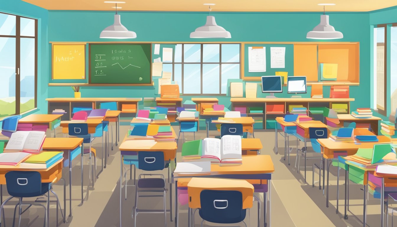 A bright, organized classroom with math books, whiteboards, and colorful posters. Desks arranged in rows and a teacher