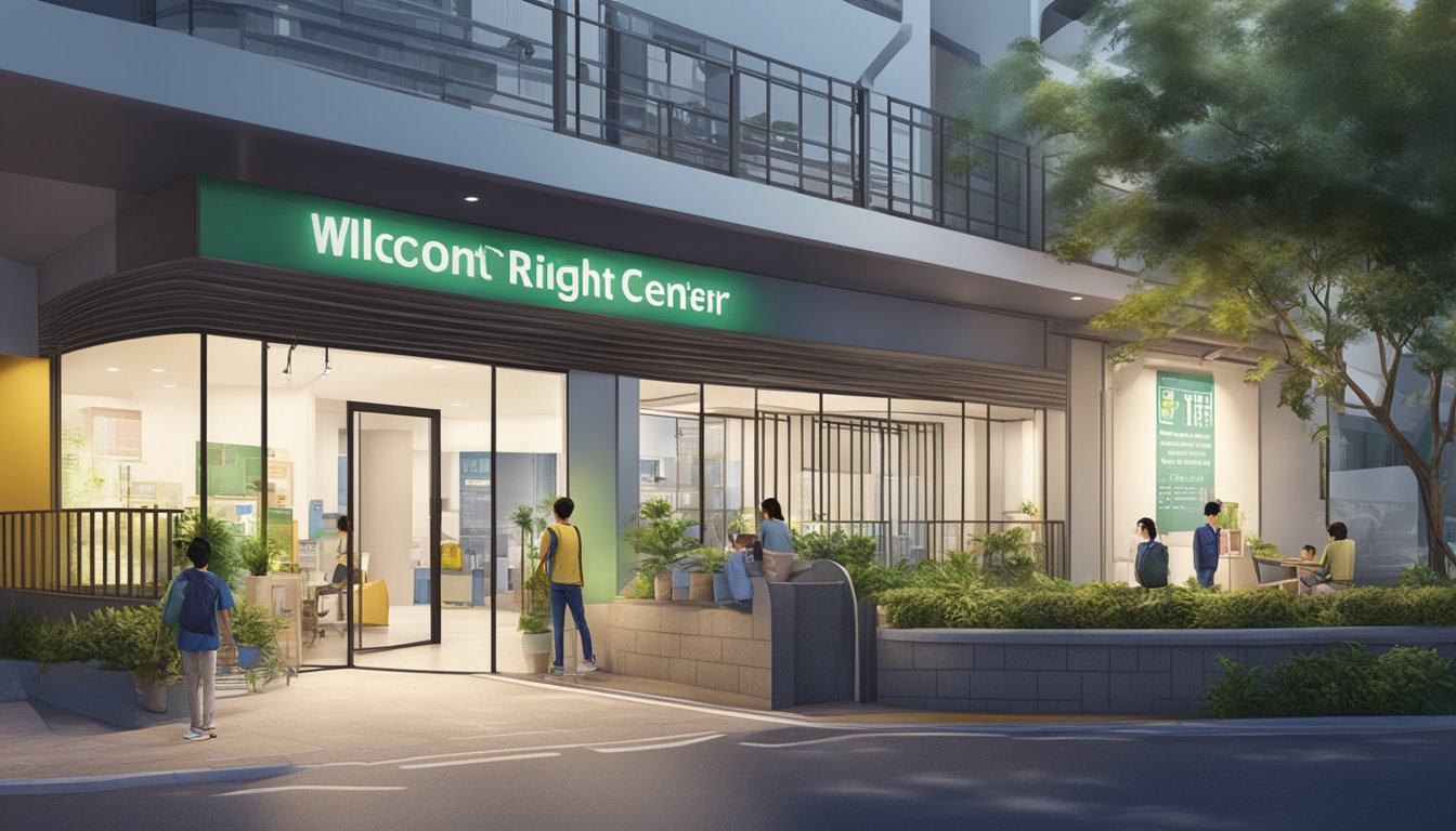 A brightly lit tuition centre in Yew Tee with a welcoming entrance and a sign displaying "Choosing the Right Tuition Centre."