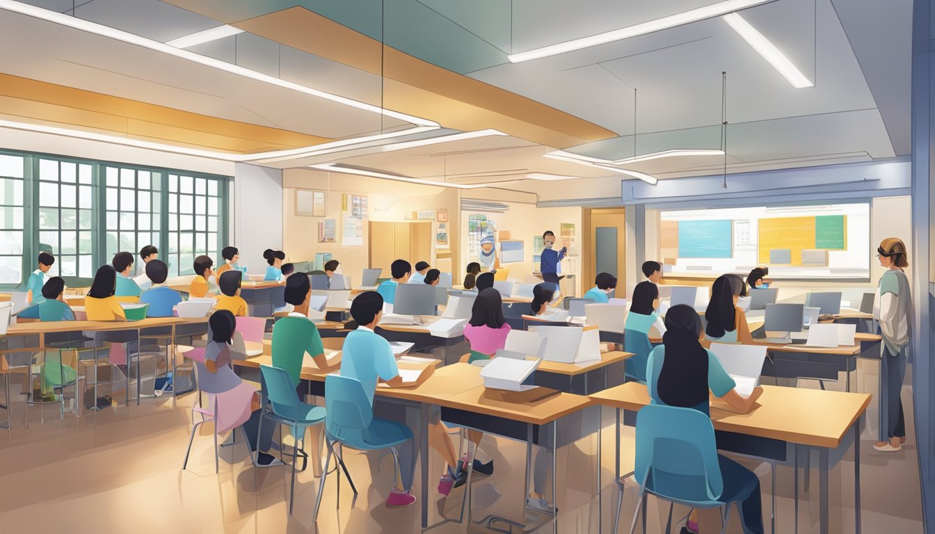 A bustling tuition centre in Yew Tee with students studying, teachers instructing, and a welcoming front desk