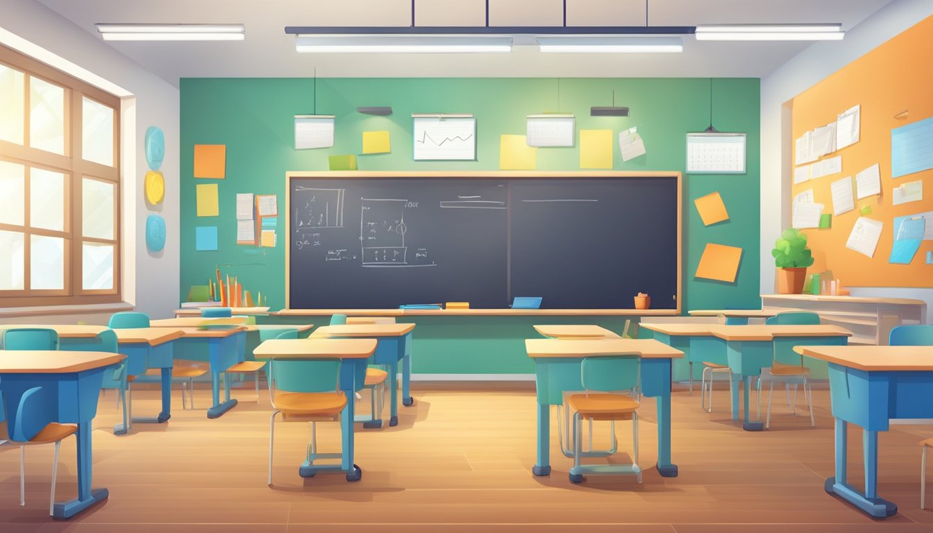 A modern classroom with whiteboards, desks, and math materials. Bright lighting and colorful educational posters on the walls