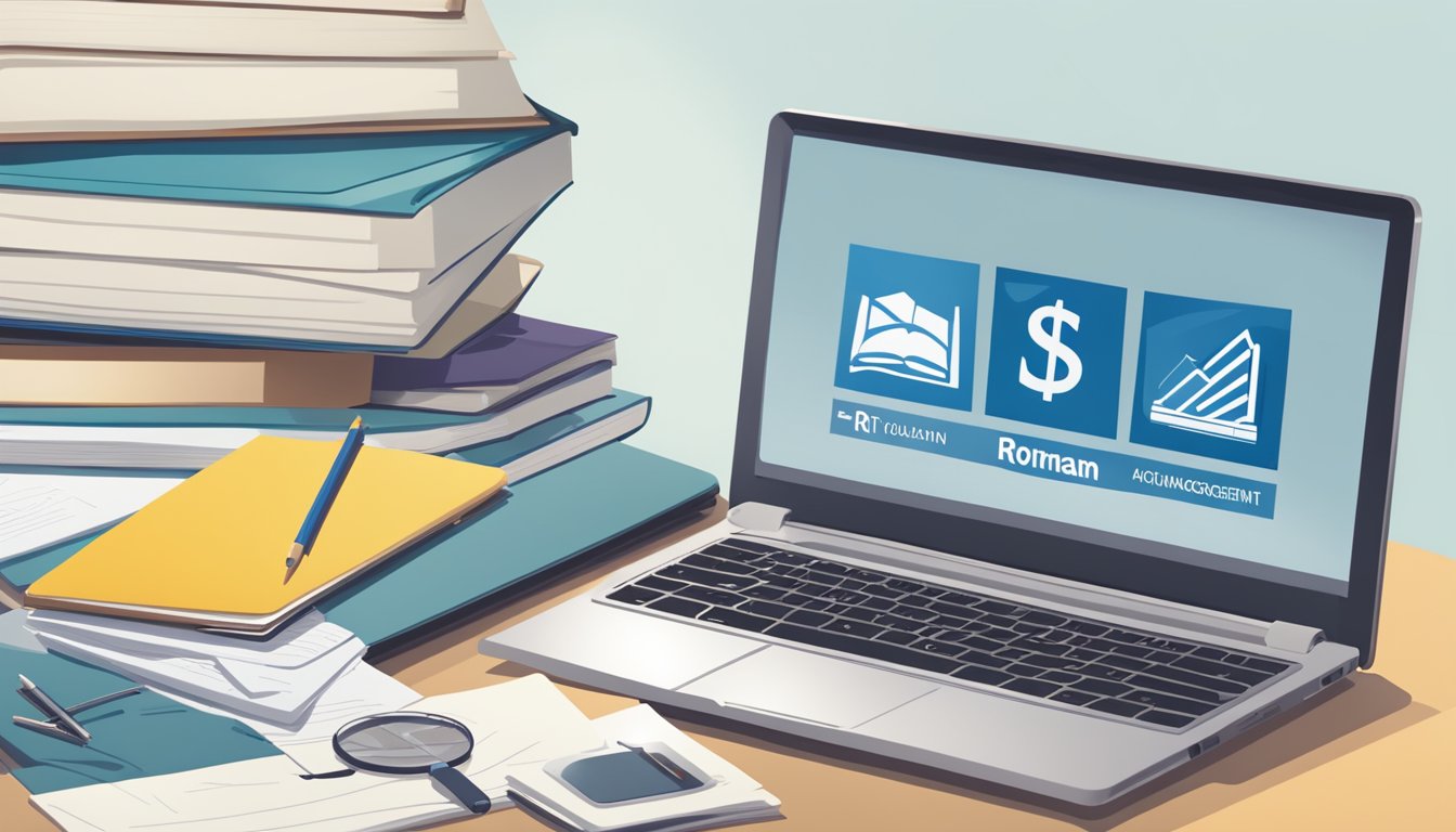 A stack of textbooks and a calculator sit on a desk, surrounded by notes and study materials. A laptop displays the Rotman School of Management logo