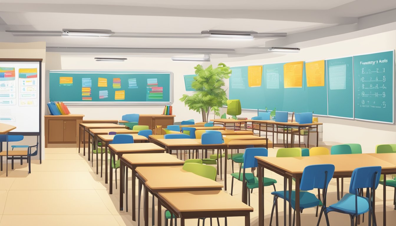 A bright and welcoming tuition centre with a sign displaying "Frequently Asked Questions" for maths. Tables and chairs are neatly arranged, and there are educational posters on the walls