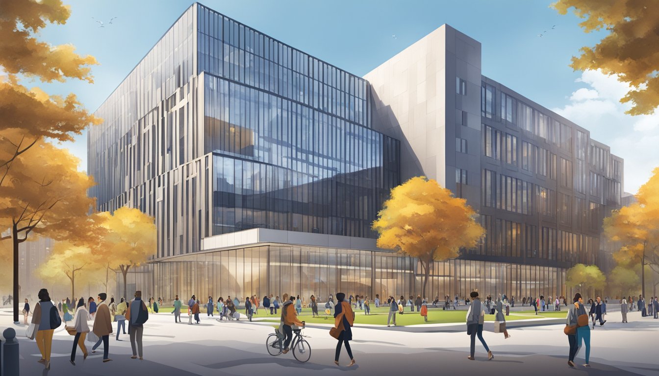 A bustling university campus with students engaged in academic activities and receiving support from faculty and staff. The iconic Rotman School of Management building stands tall in the background, symbolizing the educational opportunities available to undergraduate students