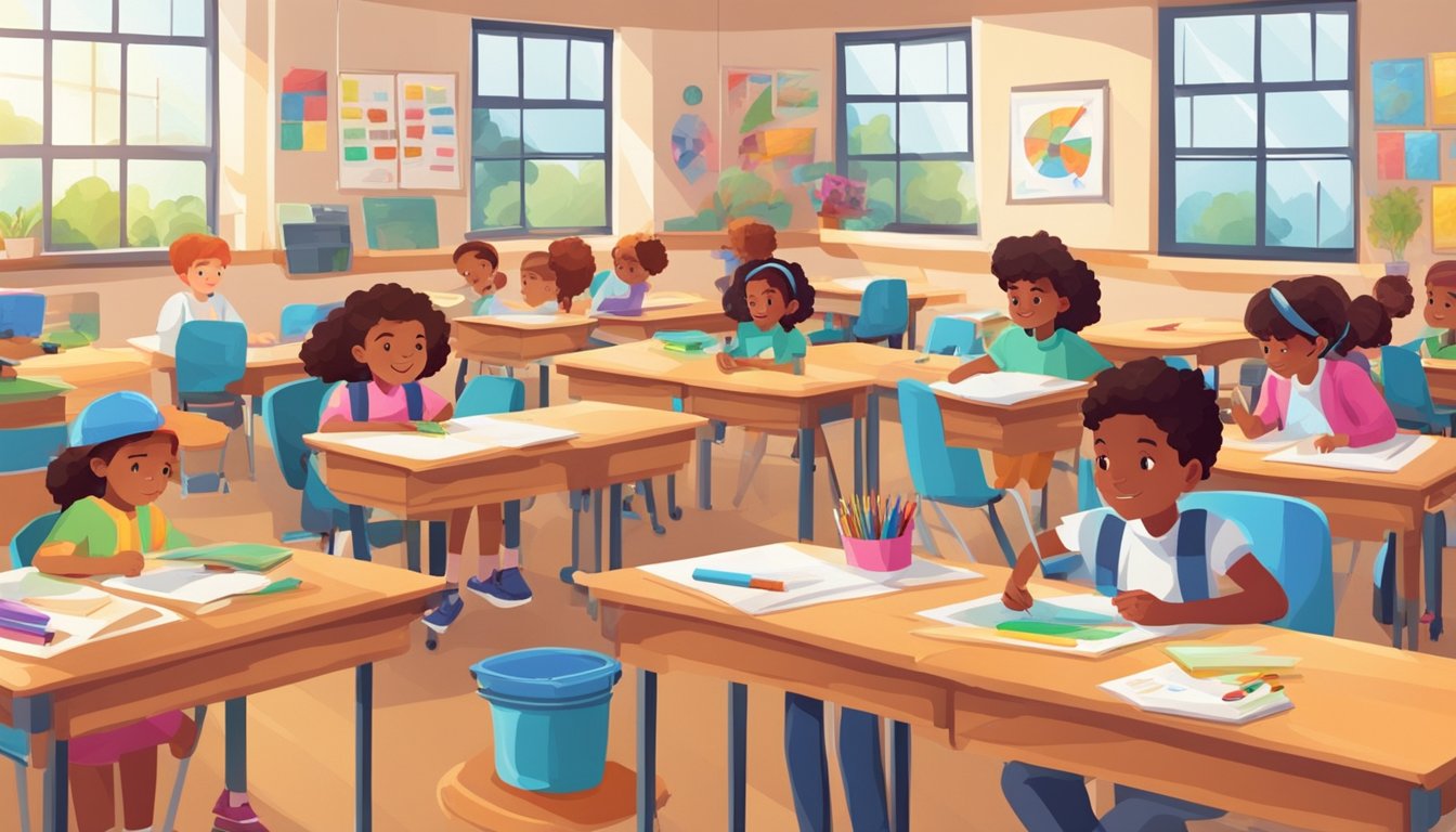 Brightly lit classroom with colorful posters and art supplies. Students engaged in hands-on activities at various workstations. Teacher guiding and encouraging creativity