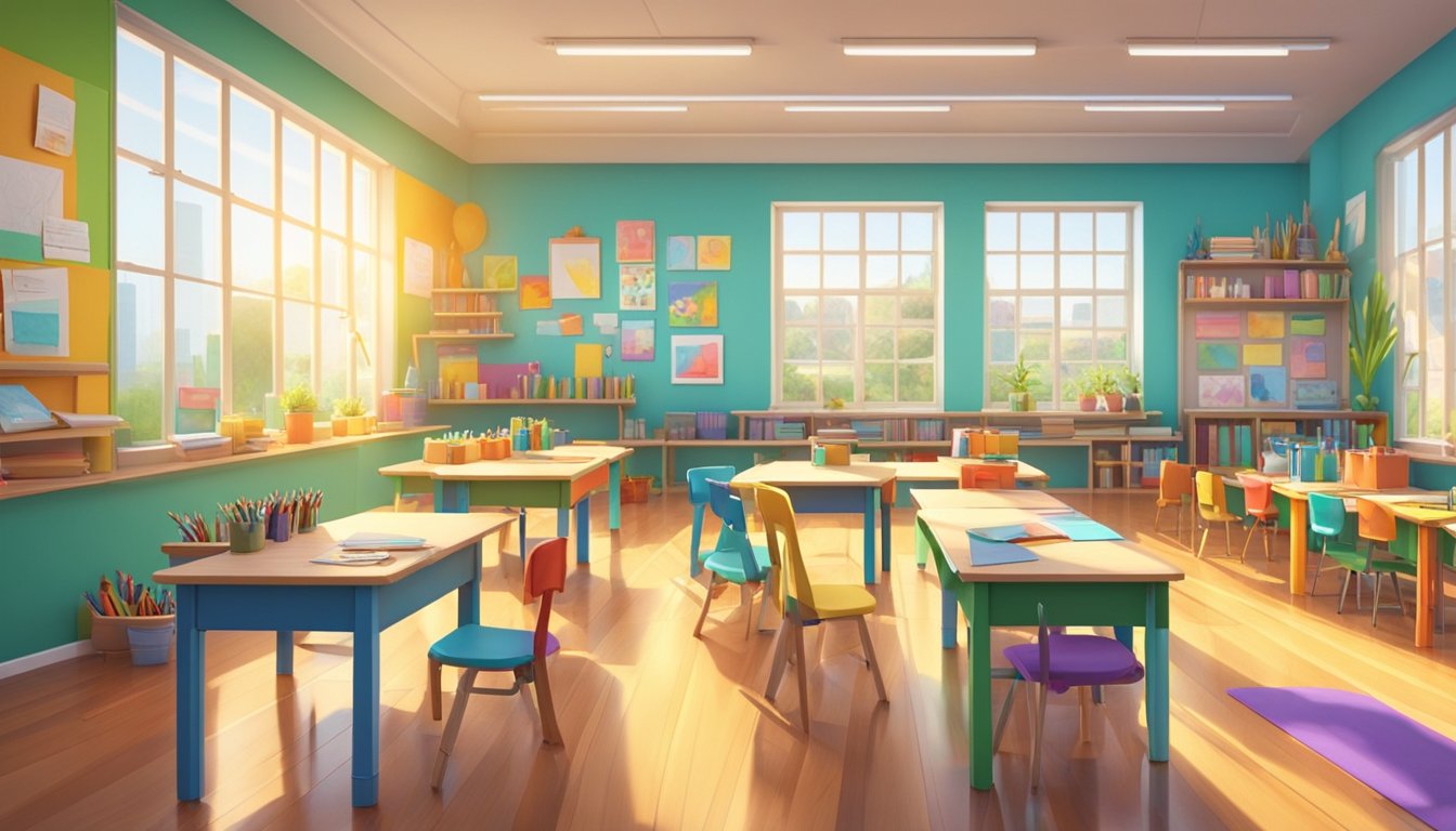 A vibrant classroom with colorful walls and shelves filled with art supplies. A large table in the center for group activities, surrounded by easels and drawing boards. Bright natural light floods in from large windows, creating an inviting and inspiring atmosphere