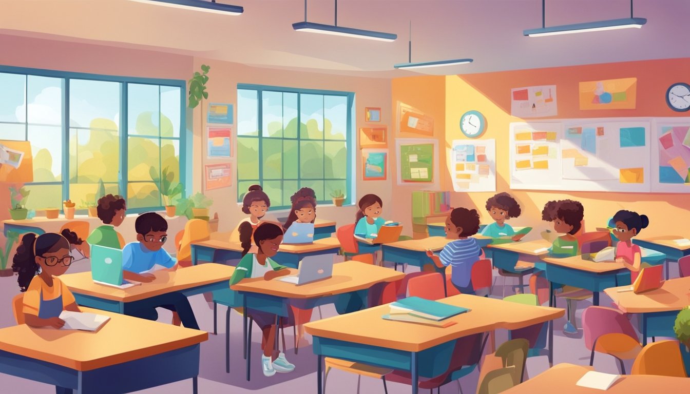 A colorful classroom with students engaged in interactive learning activities, surrounded by educational materials and a creative atmosphere