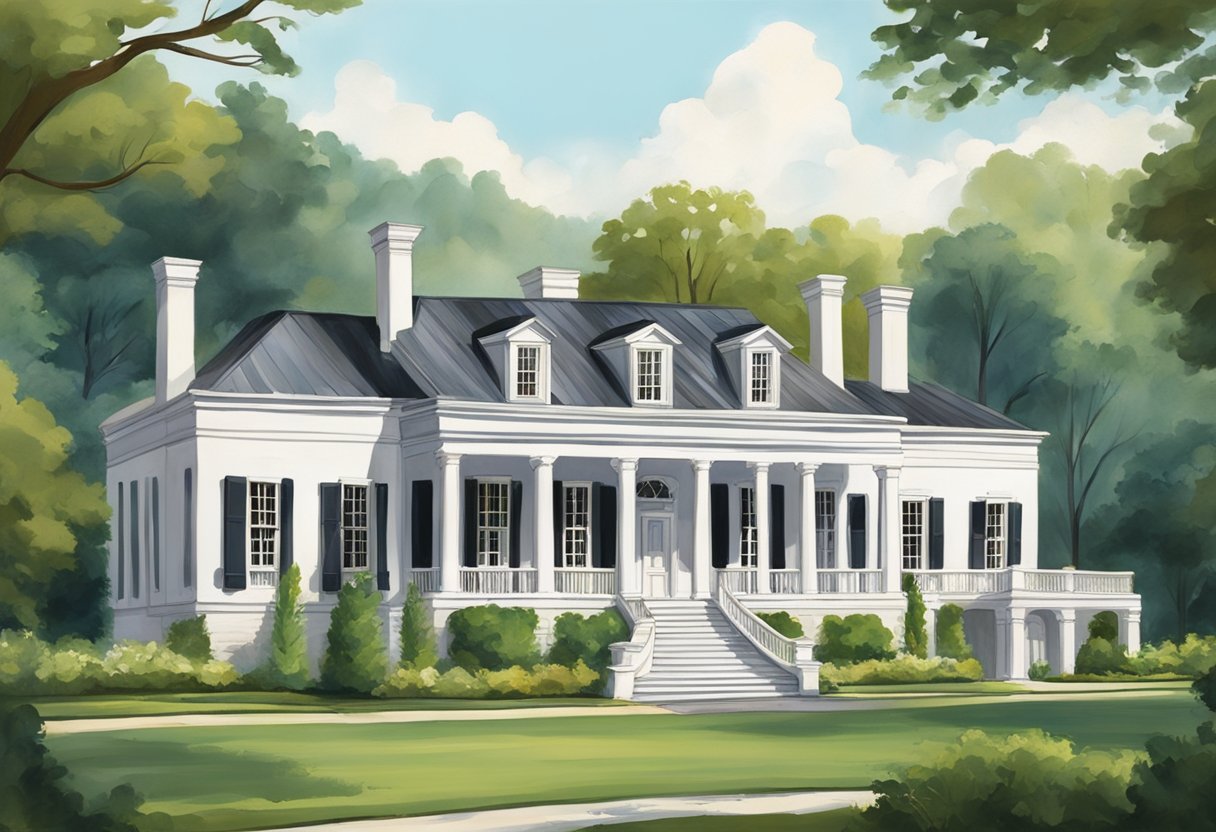 Andrew Jackson's home, The Hermitage, sits on a lush, sprawling estate in Nashville, Tennessee. The stately mansion features a grand white exterior with classic columns and a picturesque surrounding landscape