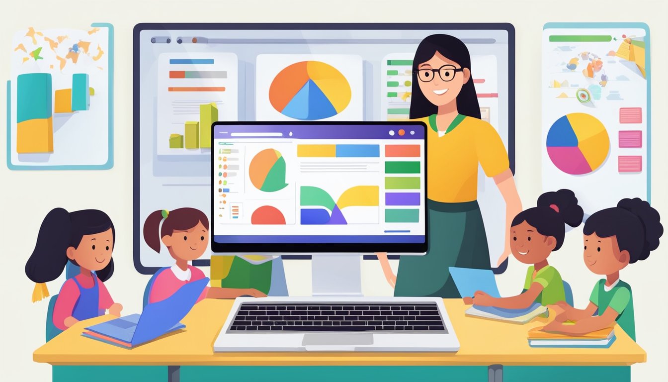 A laptop displaying an online classroom with colorful educational materials and a teacher guiding primary school students through a lesson
