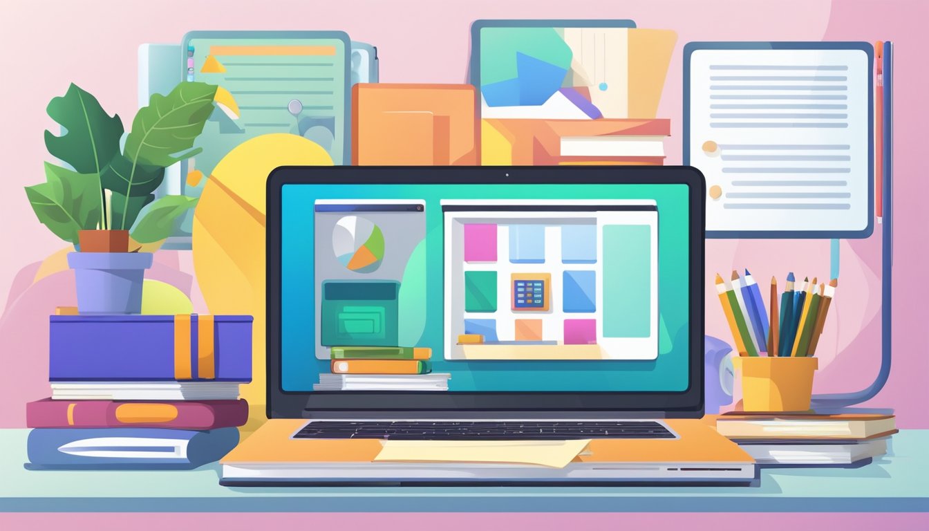 A laptop displaying an online classroom with colorful graphics and engaging content, surrounded by books and educational materials