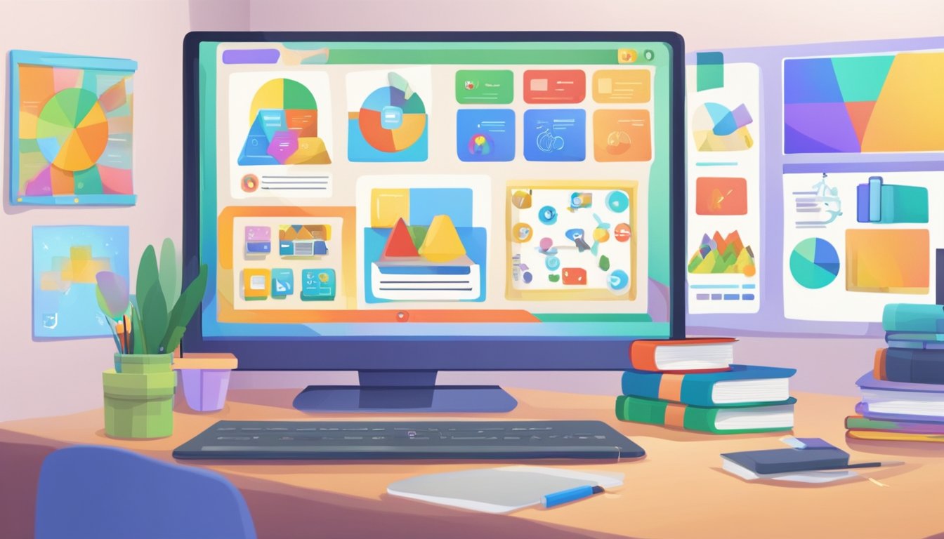 A computer screen displaying an interactive online classroom with colorful graphics and engaging educational content for primary school students
