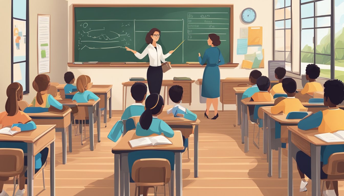 A classroom with a teacher at the front, students at desks, and a chalkboard with lesson notes
