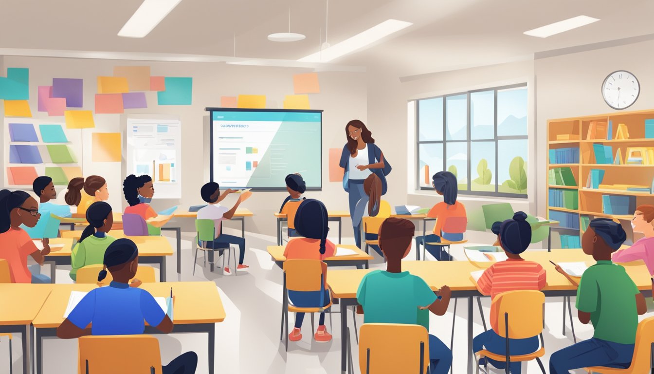 A diverse group of students engage in interactive learning activities in a bright, modern classroom setting