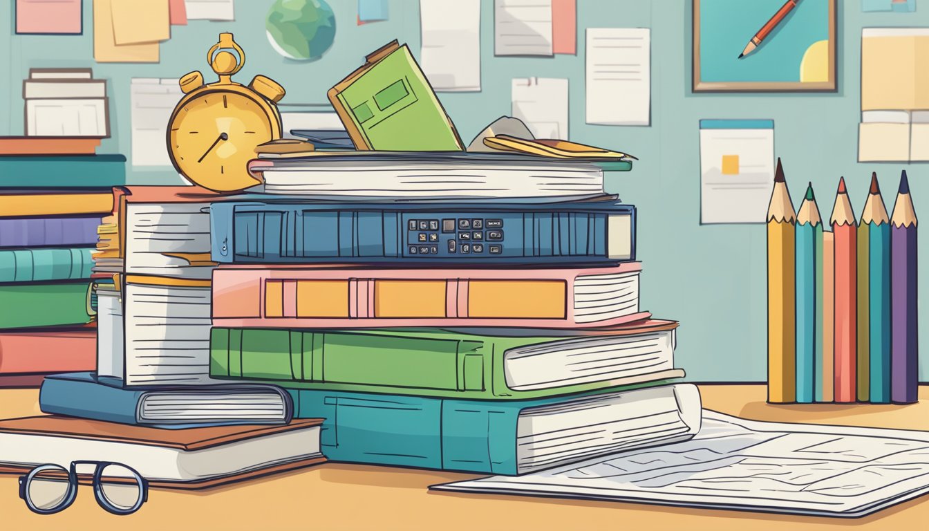 A stack of paper with "Frequently Asked Questions" printed on top, surrounded by various school-related items like books, pencils, and a calculator