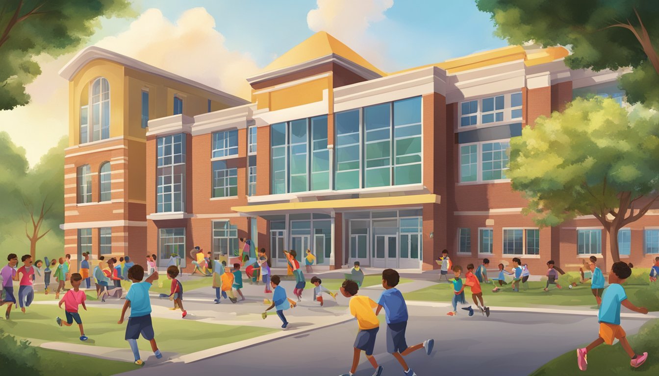 A school building with a sign reading "St. Raymond Tuition" surrounded by children playing and learning in a vibrant and diverse environment