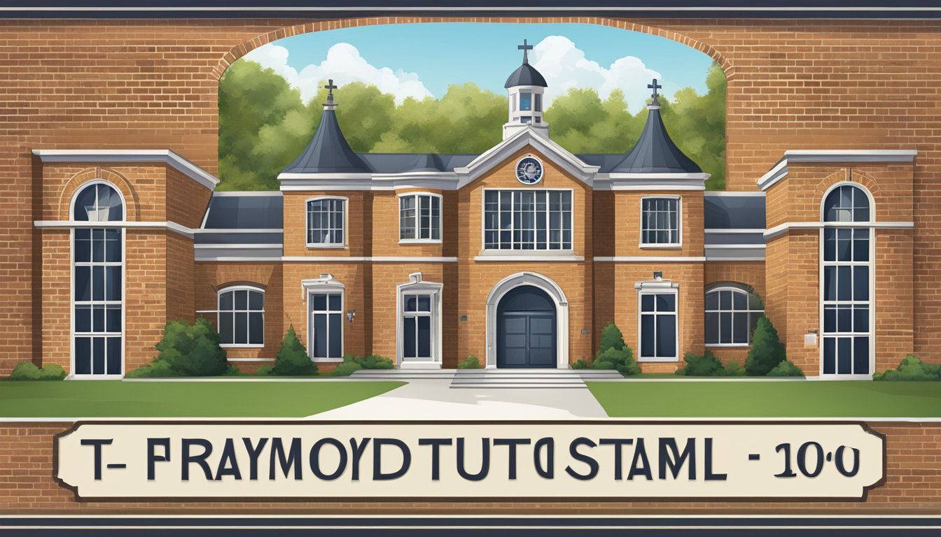 A school emblem displayed on a banner with "Tuition Details" and "St. Raymond Tuition" written in bold lettering