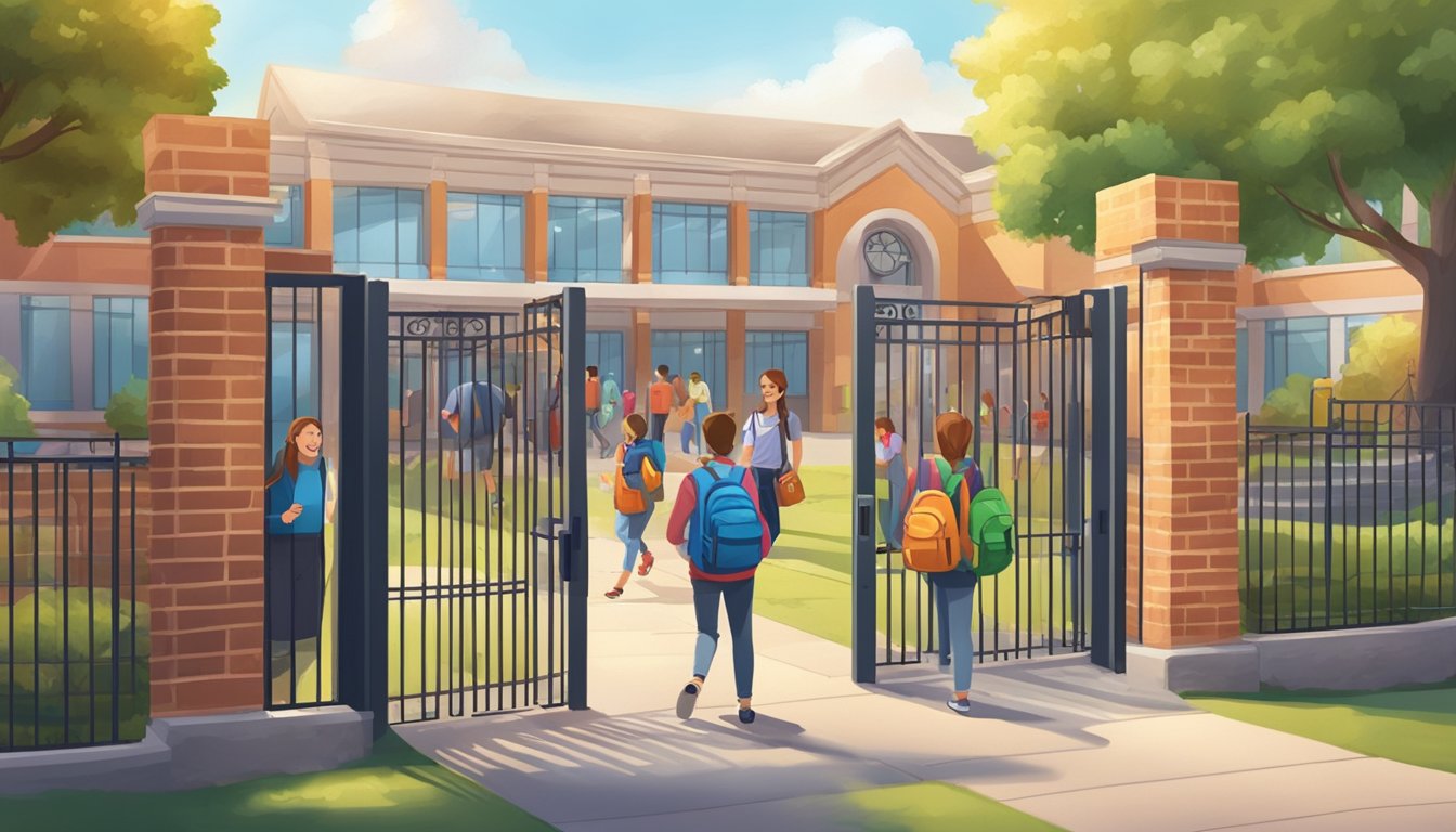 Students entering school gates, carrying backpacks. Parents chatting with staff at admissions office. Playground filled with laughter and games