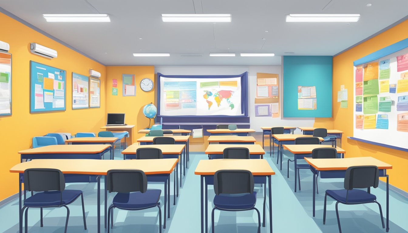 A brightly lit classroom at Ignite Tuition Centre, with colorful posters on the walls and rows of desks facing a whiteboard