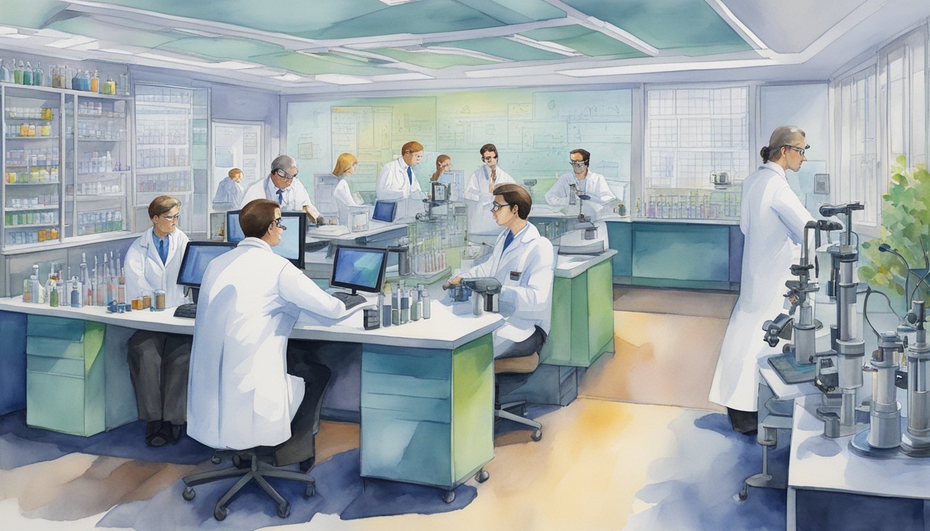 Scientists in lab coats study test tubes and microscopes, while data is analyzed on computer screens.</p><p>A poster on the wall shows a graph of disease management advancements