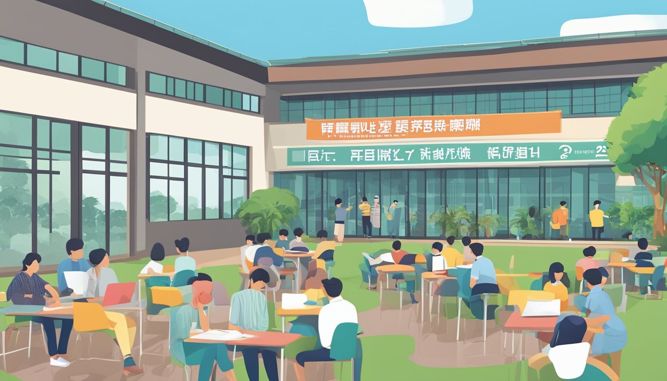 A busy tuition centre in Choa Chu Kang with a signboard displaying "Frequently Asked Questions" in bold letters