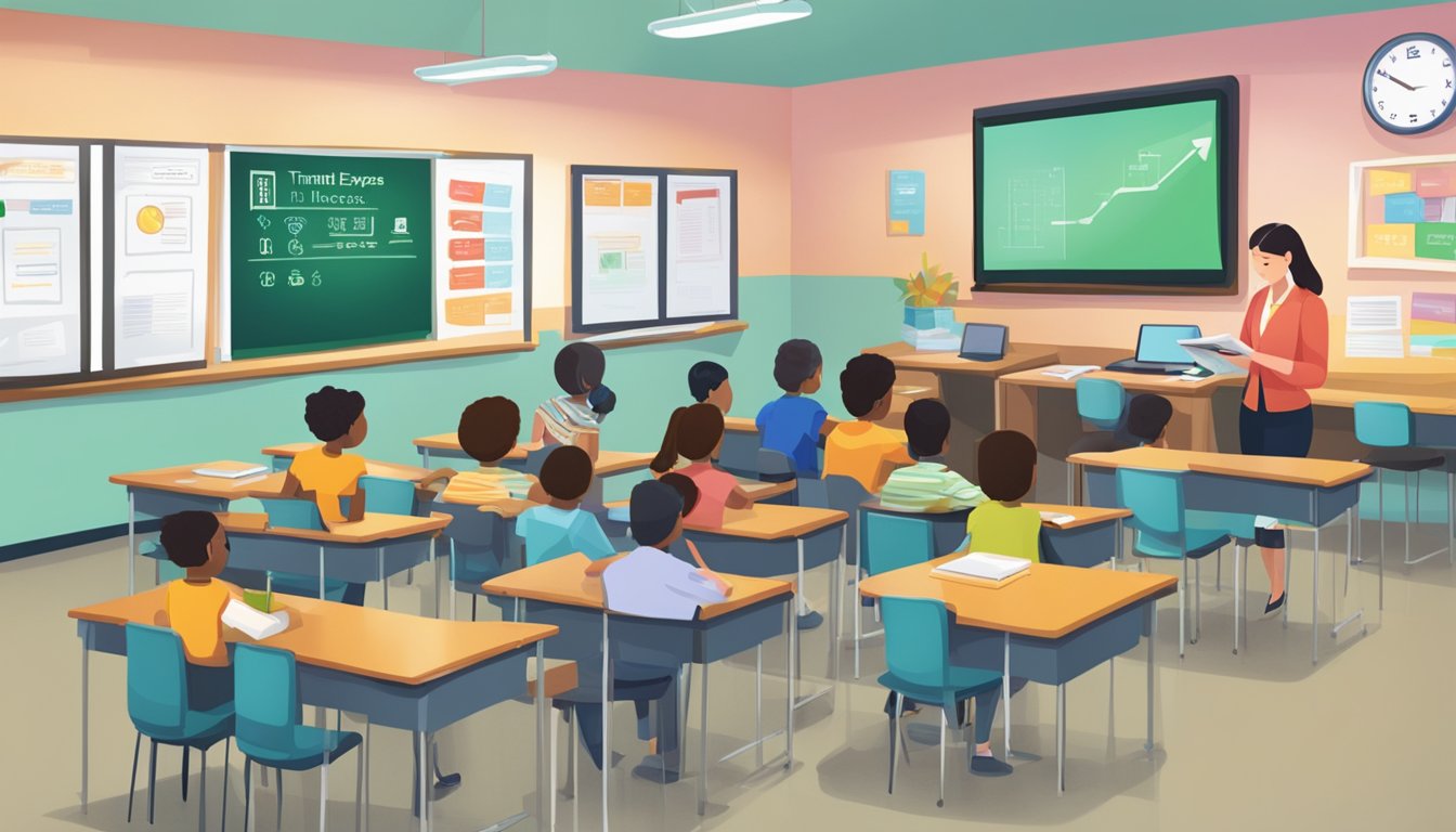 The scene depicts a classroom setting with a teacher using a digital device to process tuition payments. A sign with "Tuition Express" is prominently displayed