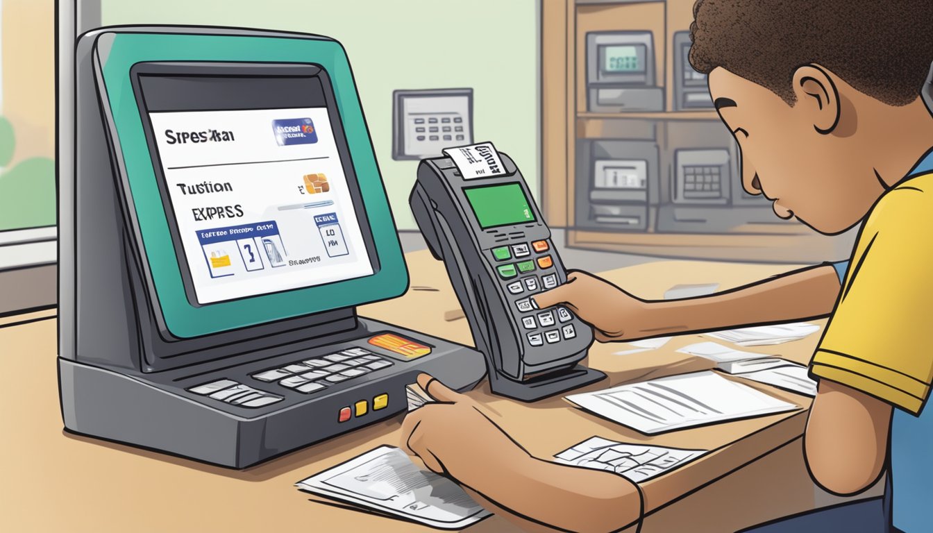 A parent swipes a credit card through a card reader at a desk labeled "Tuition Express." The screen displays a payment confirmation