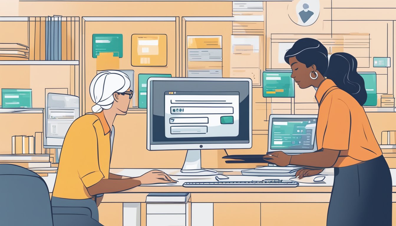 A person is entering credit card info on a computer while another person is assisting with a payment issue