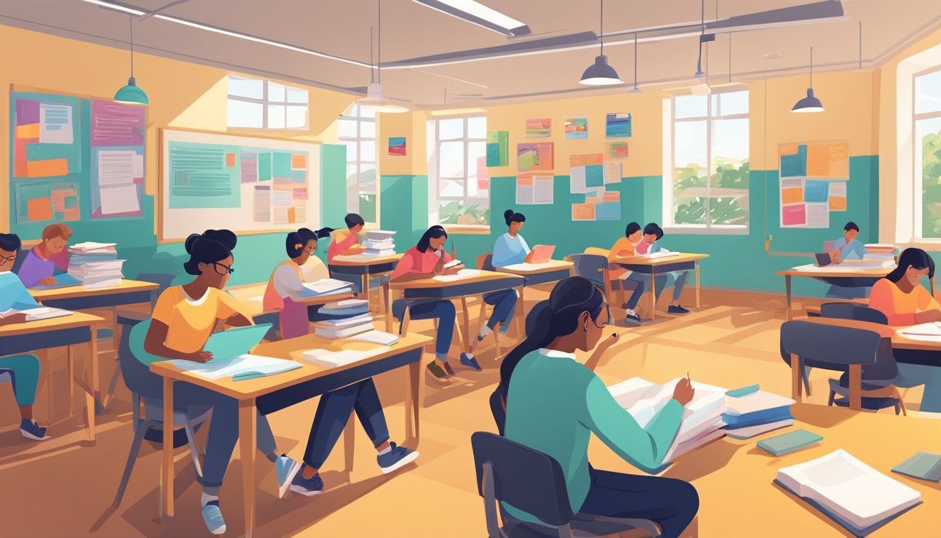 Students completing assignments in a tuition centre classroom. Books, papers, and pens scattered on desks. Brightly lit room with colorful posters on the walls