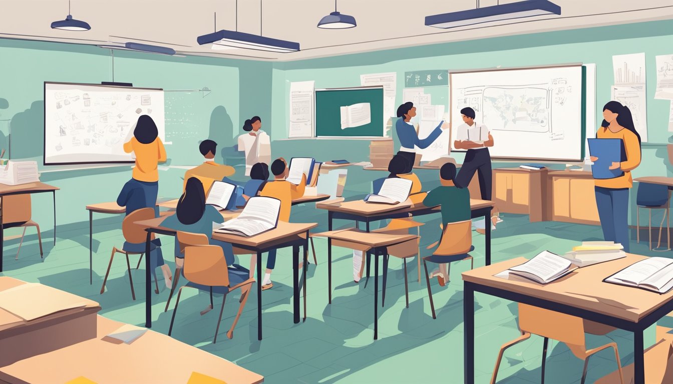 Students studying at tuition centres, with books and notes scattered on desks, while a teacher explains a lesson on a whiteboard