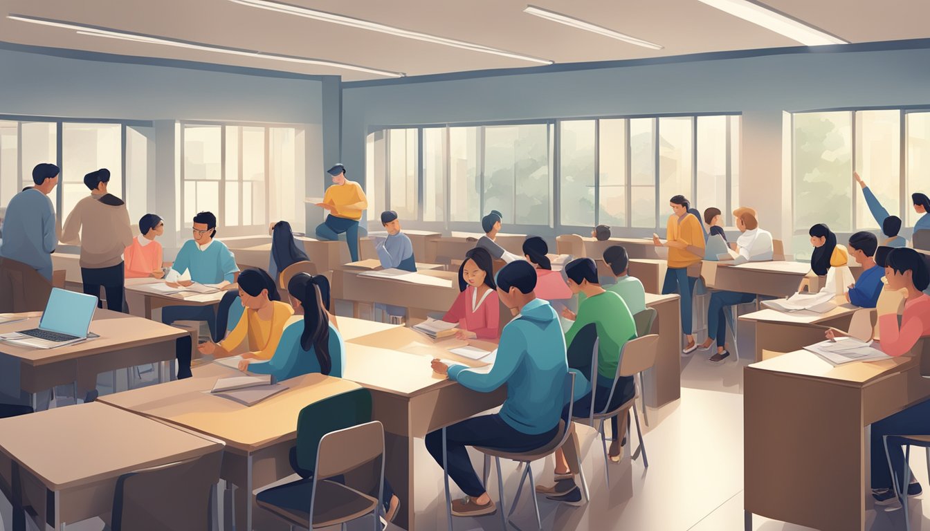 Students and teachers discussing assignments in a bustling tuition centre