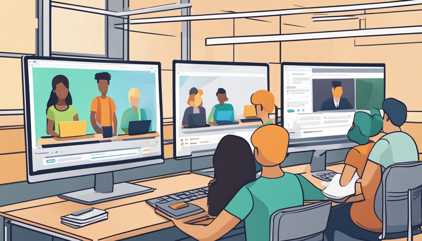 A computer screen displaying a virtual classroom with a tutor and students engaged in online secondary tuition