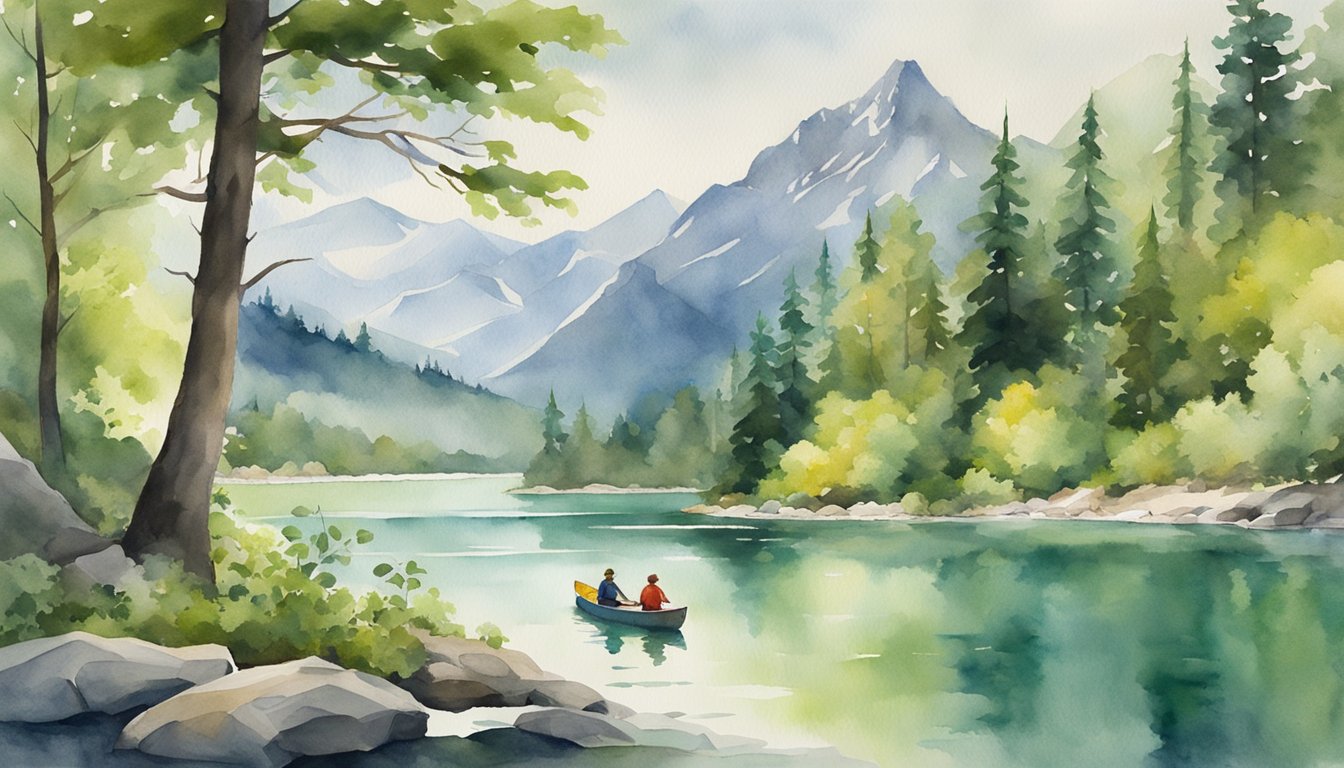 Lush green forest with towering mountains, crystal-clear lakes, and winding rivers.</p><p>Canoeists paddling through serene waters, hikers trekking along scenic trails, and wildlife roaming freely