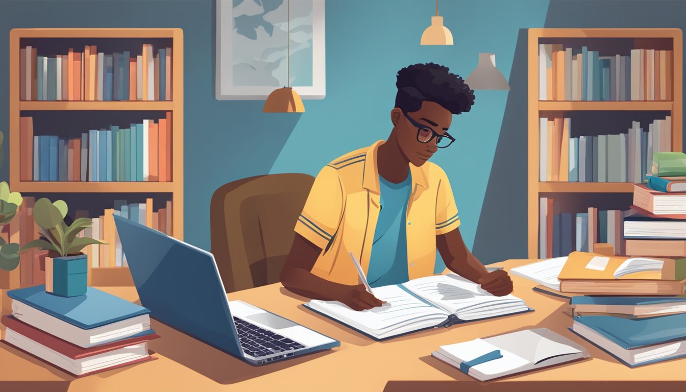 A student sits at a desk, surrounded by books and a laptop. They are carefully selecting an online secondary tuition program, weighing their options