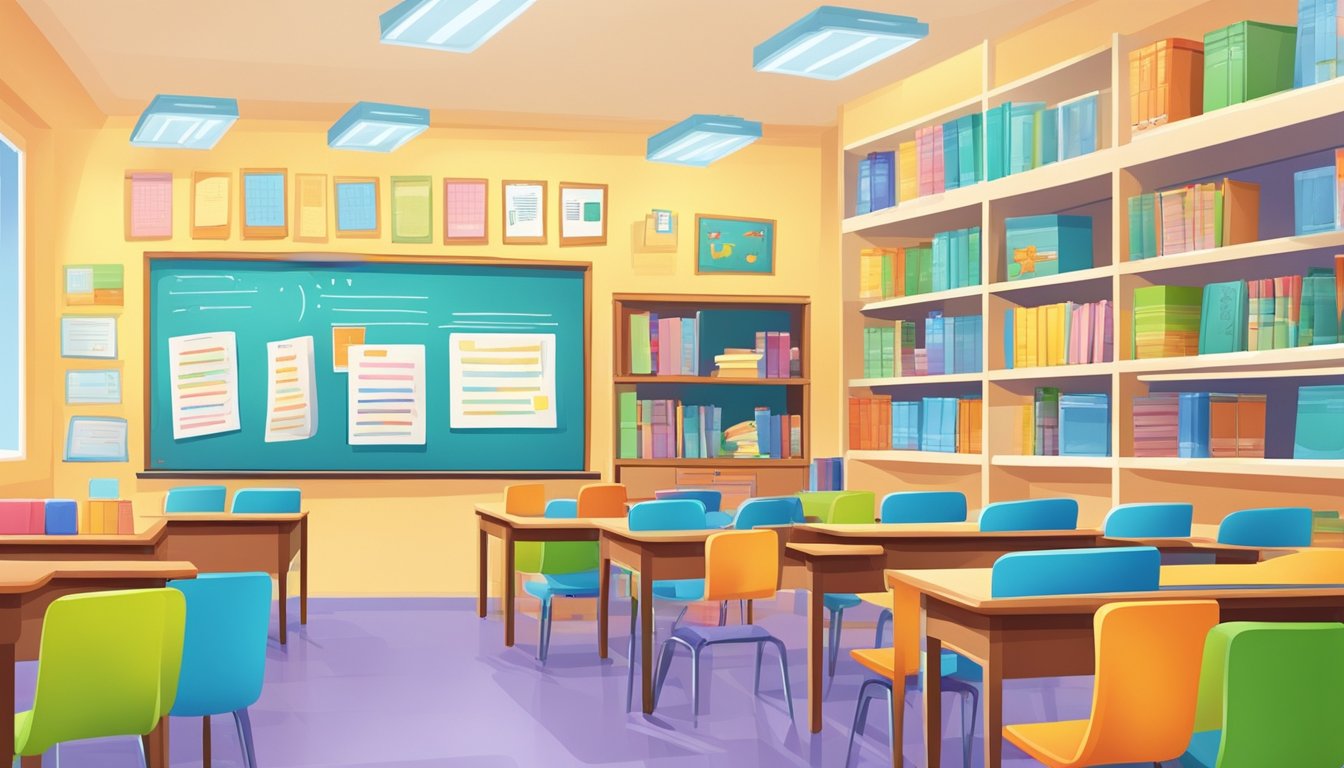 A bright and colorful classroom with Mandarin textbooks, whiteboards, and language learning materials neatly organized on shelves