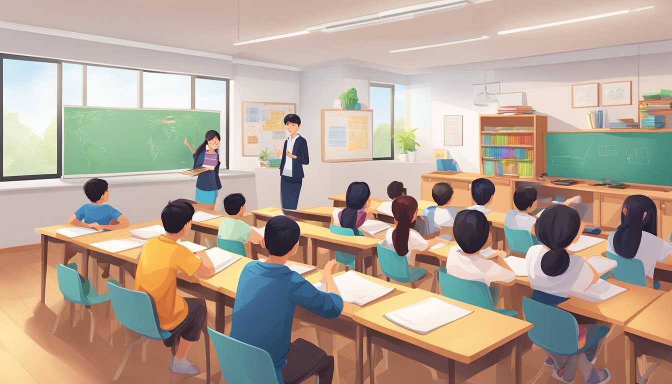 A modern classroom filled with colorful educational materials and a group of engaged students listening to a skilled teacher at a comprehensive Mandarin tuition center in Singapore