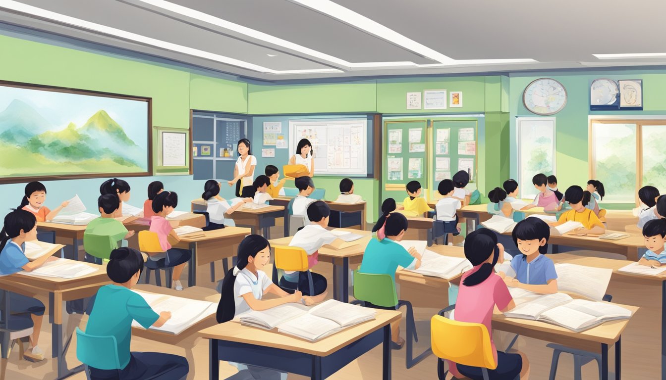A bright and welcoming mandarin tuition centre in Singapore, with students engaged in learning activities and teachers providing guidance