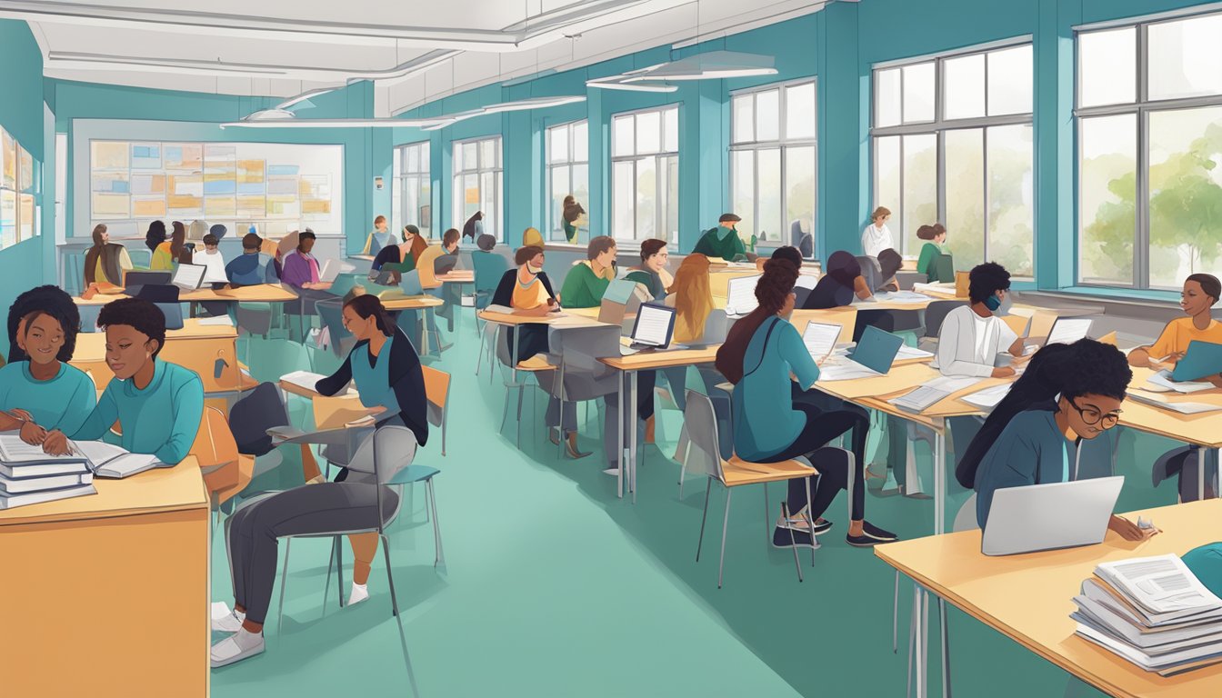 A bustling tuition centre in Birmingham, filled with students studying and interacting with tutors in a vibrant and dynamic learning environment