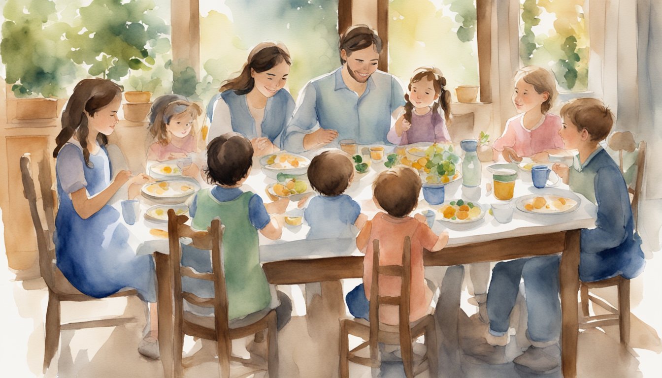 Jacob and Rachel sit at a table, surrounded by their children and smiling.</p><p>The room is filled with warmth and love, as they all enjoy a meal together