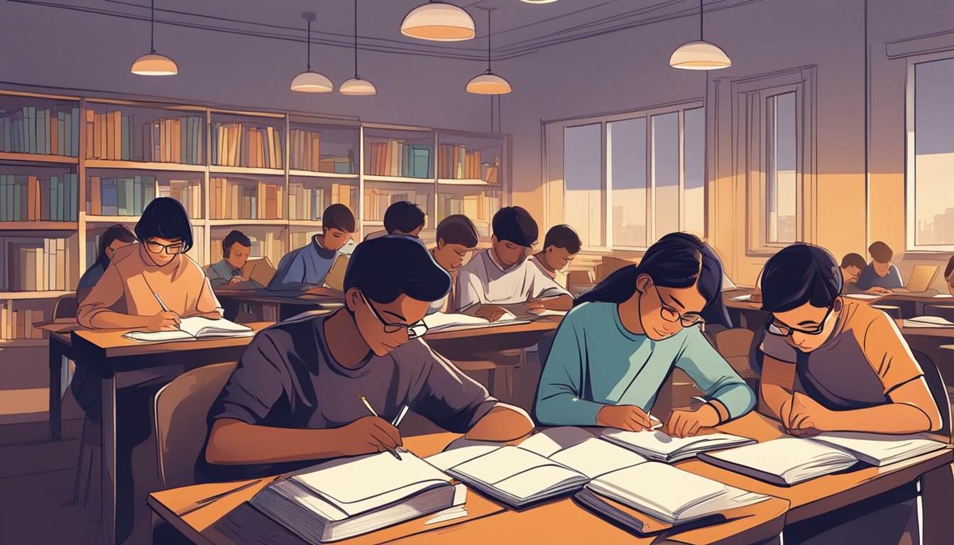 Students engaged in tutoring sessions at Birmingham Tuition Centre, with books and study materials scattered around. Brightly lit and focused atmosphere