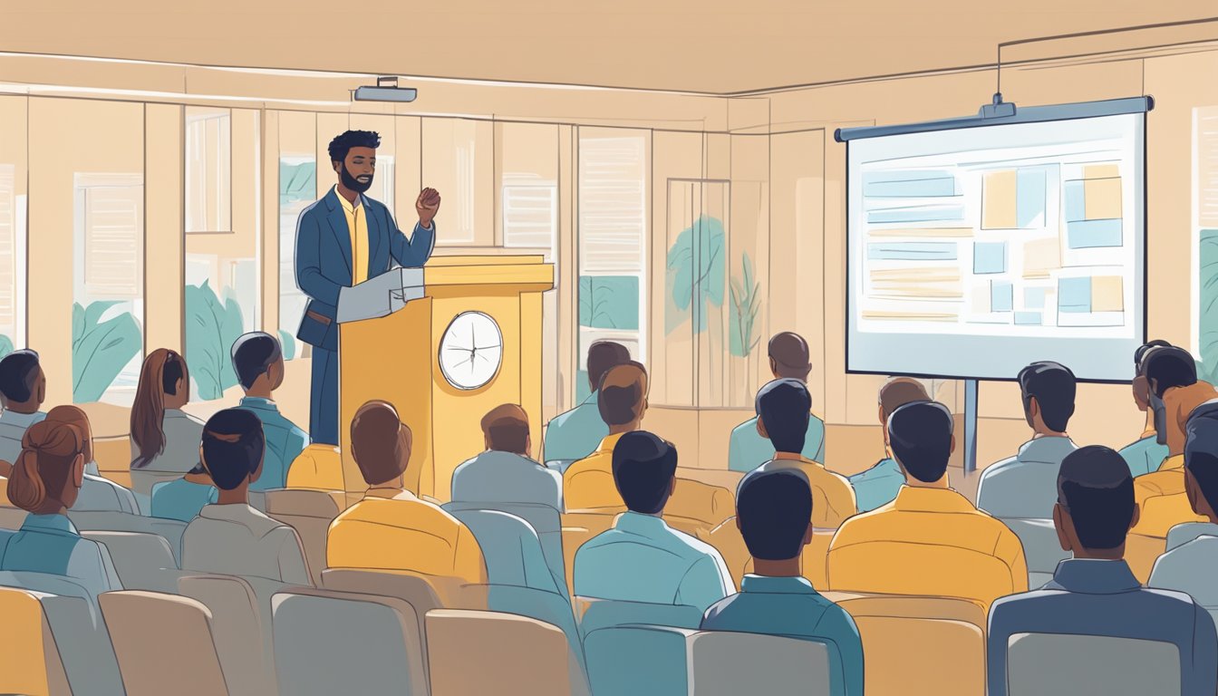 A person standing at a podium, speaking to a group of attentive listeners. Visual aids and notes are scattered on the podium