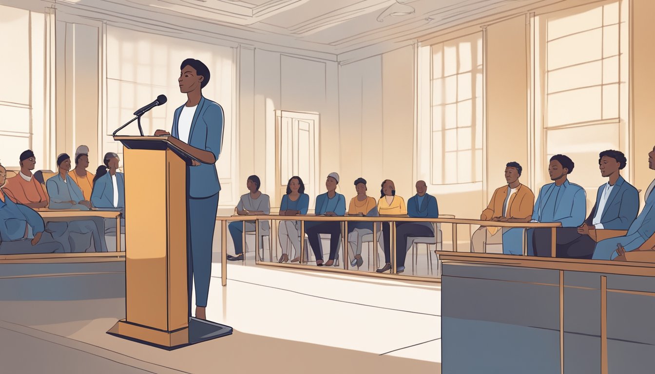 A person confidently stands behind a podium, addressing a diverse audience in a spacious, well-lit room. Visual aids and a microphone are set up for effective communication