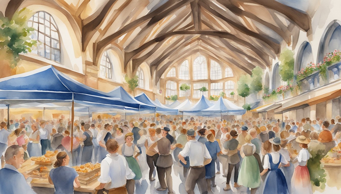 A lively Oktoberfest celebration with traditional music, dance, and food stalls, surrounded by historic German architecture