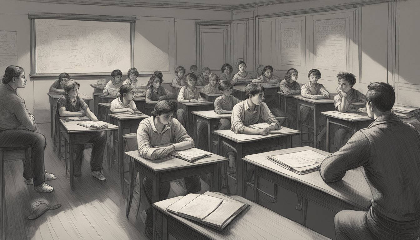 Students sit in cramped, dimly lit room with peeling walls. Instructor points to outdated chalkboard, while disinterested students struggle to pay attention